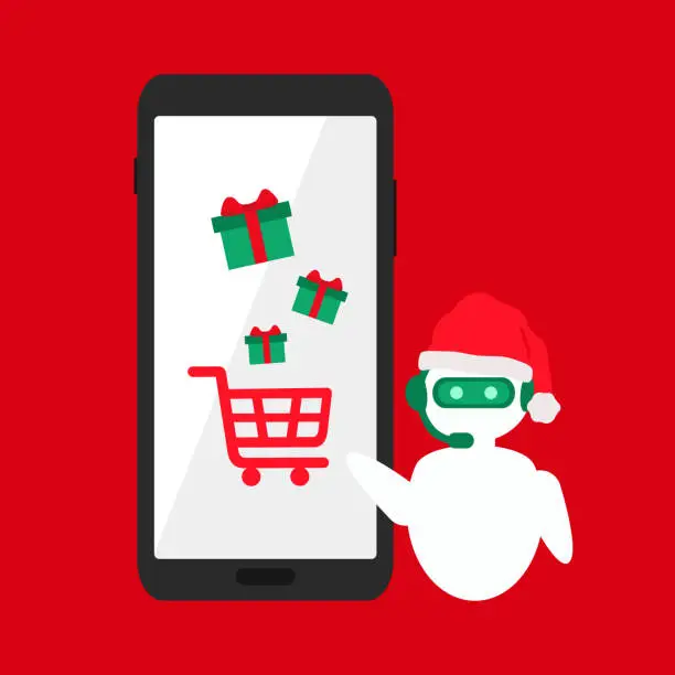 Vector illustration of Christmas Online Shopping Concept With Chatbot. Chatbot Wearing Santa Hat And Helping To Choose Christmas Gift