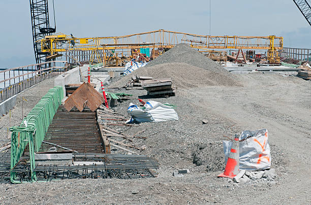 istock Rebar set for concrete pour on new bridge over river 181853855