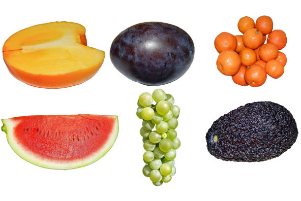 Collage with different fruits: Persimmon, plum, tangerines, watermelon, grapes, avocado