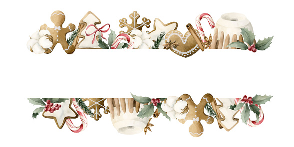 Horizontal a frame with Christmas holiday elements: gingerbread cookies, cake with glaze, candy canes, cinnamon, anise, cotton, holly, pine branches, red ribbon bow. Watercolor illustration isolated on white background for winter holidays design.