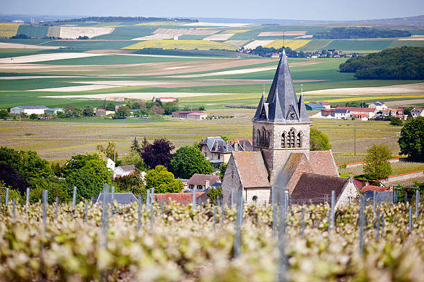 Ville-Dommange Champagne France "Looking through the champagne vineyards to the village of Ville-Dommange and itaas church in the Marne district of the Champagne region, close to Reims." champagne region photos stock pictures, royalty-free photos & images