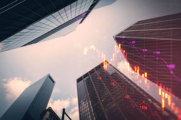 istock Creative downward red candlestick forex chart with grid and index on blurry city background. Crisis, falling stock market and recession concept. Double exposure. 1818551328