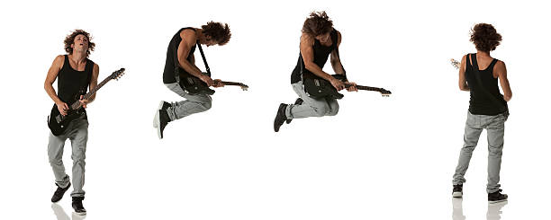 varias imágenes de un hombre tocando la guitarra - isolated on white studio shot guitar young men fotografías e imágenes de stock