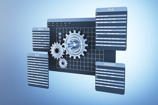 3D software interface with gears and coding panels in blue. Development and algorithm concept. 3D Rendering