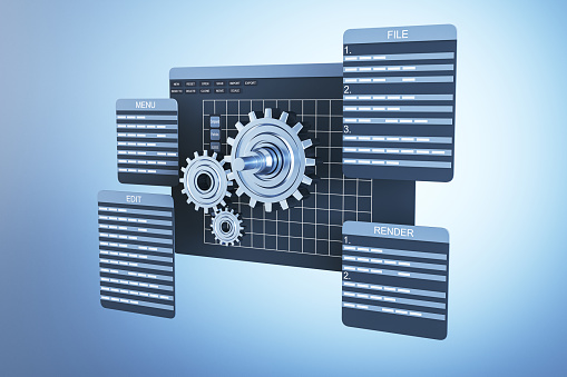 3d Software Interface With Gears And Coding Panels In Blue Development ...