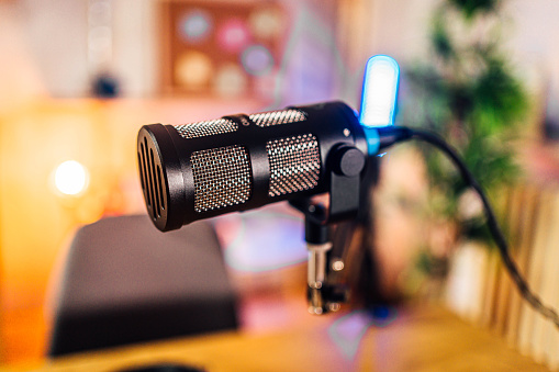 Professional microphone in podcast studio