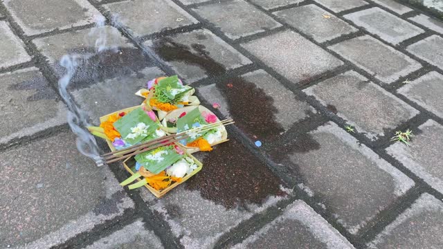 4k video footage - Traditional balinese offerings to gods in Bali with flowers and aromatic sticks. Balinese Hindu Offerings Called Canang or Sesaji Sajen.