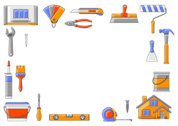 Vector illustration of Frame with repair tools. Equipment for construction industry and business.