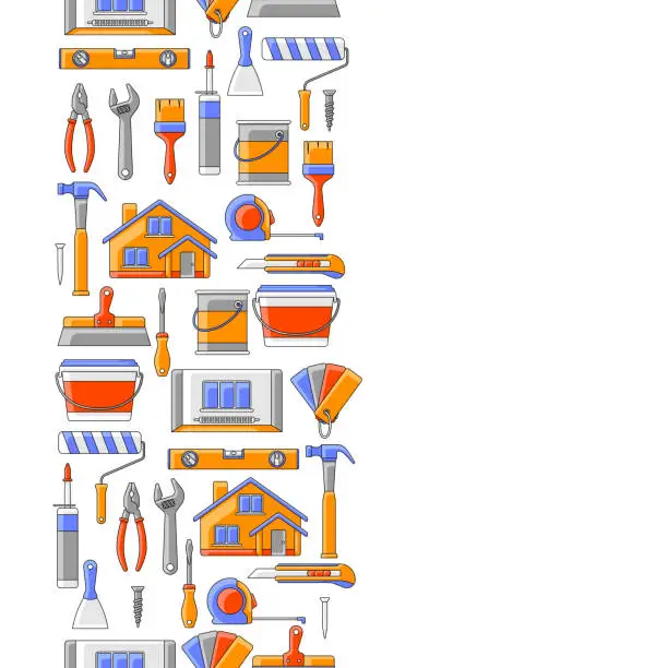 Vector illustration of Pattern with repair working tools. Equipment for construction industry and business.