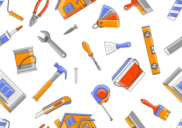 Vector illustration of Pattern with repair working tools. Equipment for construction industry and business.