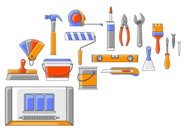 Vector illustration of Background with repair tools. Equipment for construction industry and business.