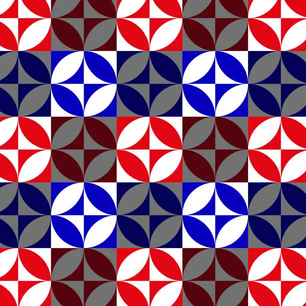 Vector illustration of Geometric minimalistic pattern seamless with squares petals in checkerboard pattern dark and light abstract circles of red blue white vector image