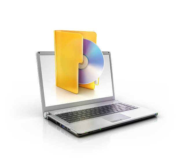 стильные ноутбук пк с cd или dvd blueray значок «папка» - endorsing cd copying data стоковые фото и изображения