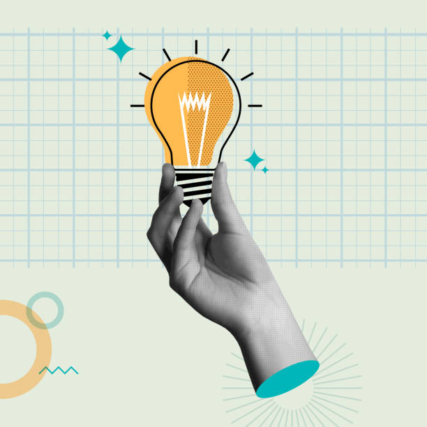 Bright idea concept in retro collage 90s style vector illustration Bright ideas concept design. Human hand holds a light bulb in retro collage 90s mixed media style vector illustration. Concept of inspiration, eureka moment, business insight, innovation or creative thinking marketing stock illustrations