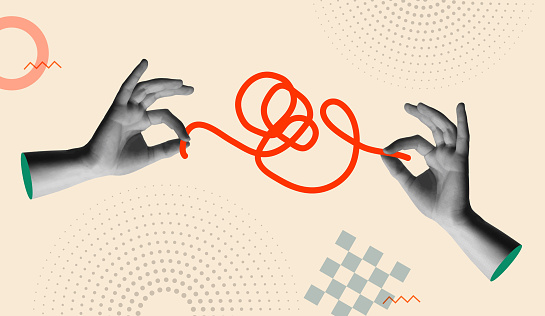 Hands working together to untangle red rope in retro 90s collage style vector illustration. Concept of solving work or psychological problems.