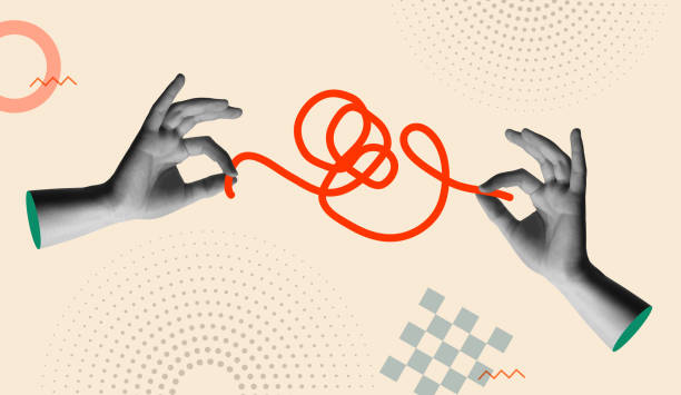 Hands working together to untangle red rope in retro 90s collage vector style Hands working together to untangle red rope in retro 90s collage style vector illustration. Concept of solving work or psychological problems. composite image stock illustrations