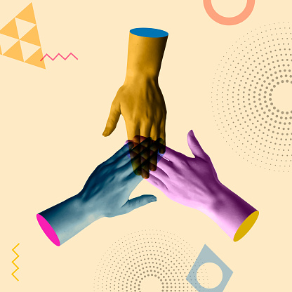 Group of human hands on top of each other of diverse colors in retro 90s collage vector style. Concept of teamwork, cooperation, equality, diversity and community