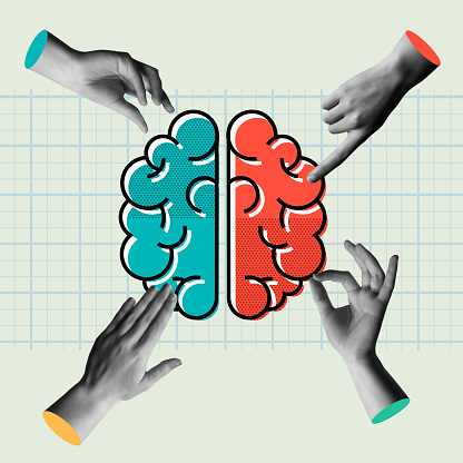 Concept illustration of human brain hemispheres and hads group in retro collage 90s style vector illustration. Concept of creative and logical intelligence.