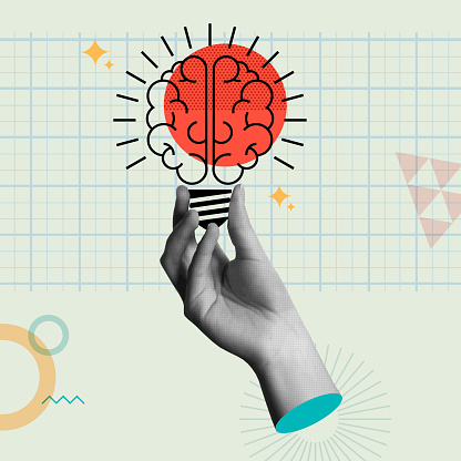 Bright ideas concept design. Human brain as light bulb lamp in retro collage 90s style vector illustration. concept of knowledge, intelligence, learning and creative thinking