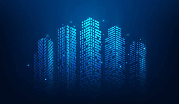 cityscape dot technology digital network łączy się na niebieskim tle. przyszłość miasta wi-fi innowacja połączenie cyfrowe na całym świecie. ilustracja wektorowa cyfrowy fantastyczny projekt. - new york city built structure glass backgrounds stock illustrations