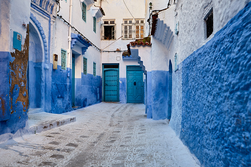 Medina blue city street in Chefchaouen, Morocco, Morocco, Africa.