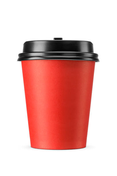 istock Red paper disposable cup for hot drinks to go. Take away beverages container isolated on white. 1818591004