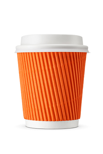 Orange paper disposable coffee cup with white plastic lid and corrugated cardboard sleeve isolated on white background.