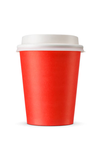 istock Red paper disposable cup with white plastic lid. Take away beverages container isolated on white. 1818591558