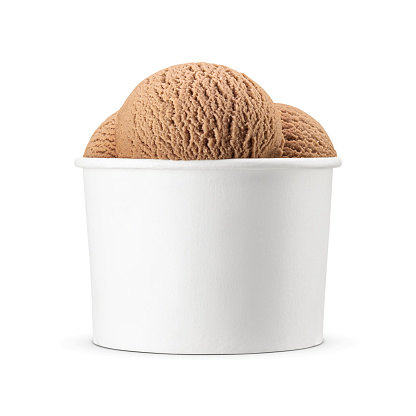 Chocolate ice cream scoops in blank paper cup isolated on white background.