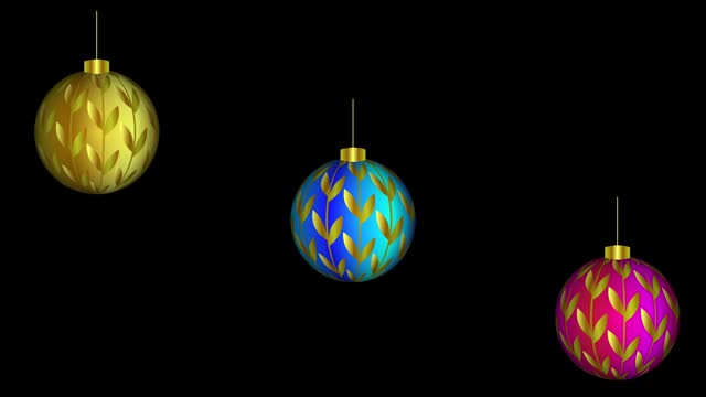 New Year's 3 rotating glass balls for the Christmas tree. Gold, blue, crimson Christmas balls on a black background. 3D animation. Cartoon. loop.