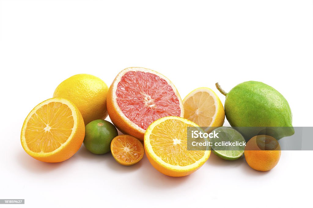 Citrus fruit "Lemon, lime, tangerine, orange and grapefruit on white background." Citrus Fruit Stock Photo