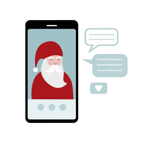 Vector illustration of Video call with Santa Claus, online Christmas chat.