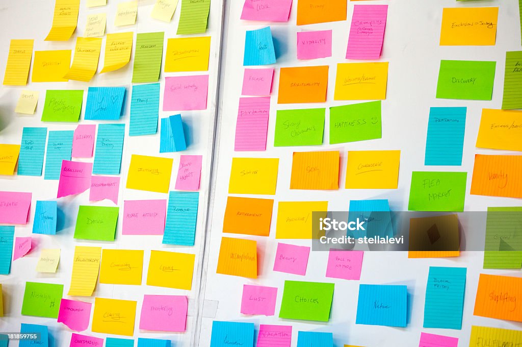 Stickey notes on a whiteboard Sticky notes on a whiteboard- brainstorm Note Pad Stock Photo