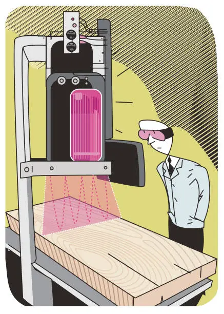 Vector illustration of a device for laser cutting timber and its inventor