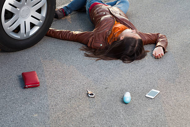 istock Traffic accident..young woman hit by a car 181860413