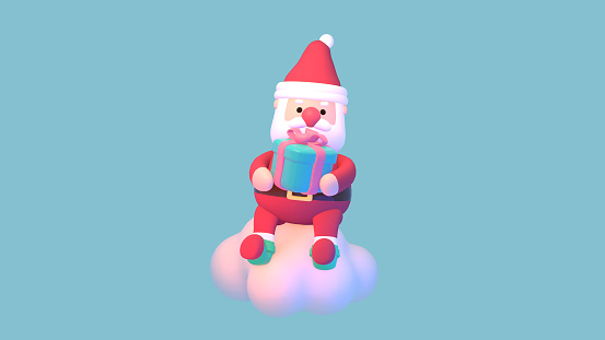 3d rendered cartoon Santa Claus with gift sitting on a cloud object against turquoise blue background.
