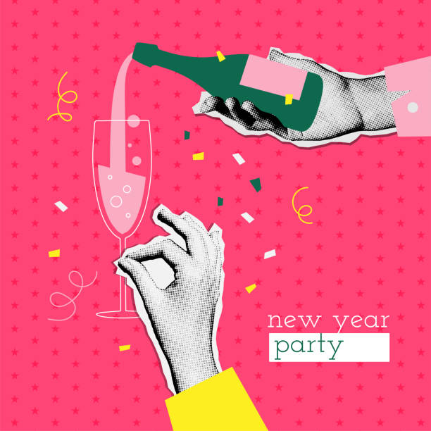 Trendy vintage 2024 New Year banner design in mixed media collage style. Hands holding glass and bottle of champagne. Holiday party concept. Vector illustration for poster or greeting card Trendy vintage 2024 New Year banner design in mixed media collage style. Hands holding glass and bottle of champagne. Holiday party concept. Vector illustration for poster, banner or greeting card. 2024 30 stock illustrations