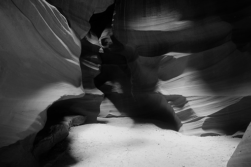 The gray, black and white tones of the images convey a unique look to the formation in Antelope Canyon. The tonal quality adds a symmetry to the photo image.