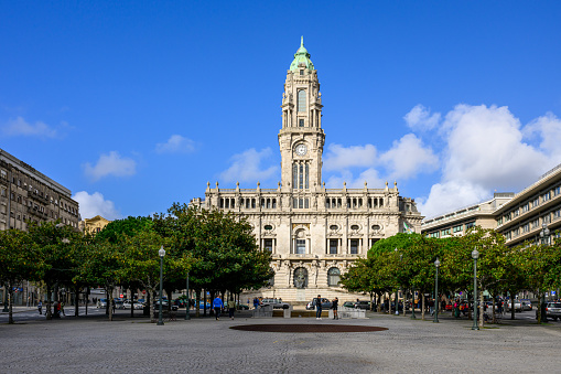 Porto, Portugal - Nov 5, 2023: Afternoon sun shines on the Porto City Hall, one of the symbols of Porto, contributing to the city's architectural and cultural identity.