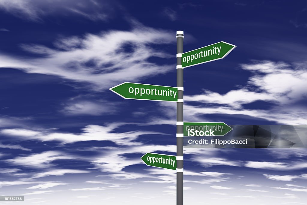 Opportunity Three road signs with opportunity word and Sky background. Arrow Symbol Stock Photo