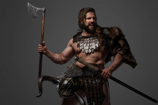 A fierce bearded Viking warrior in fur and light armor stock photo