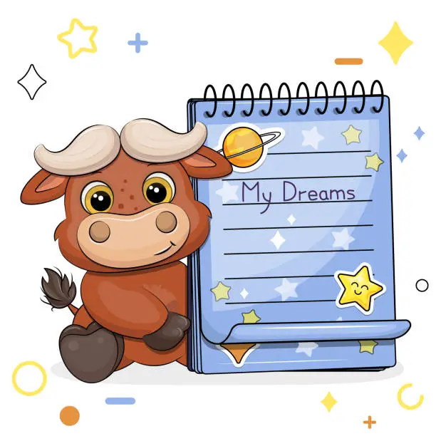 Vector illustration of A cute cartoon buffalo and a blue notebook with stickers.