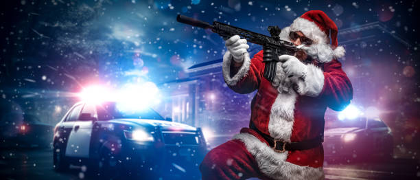 istock Action Santa: Armed Santa Points Amid Police Lights in Snowy Night 1818645395