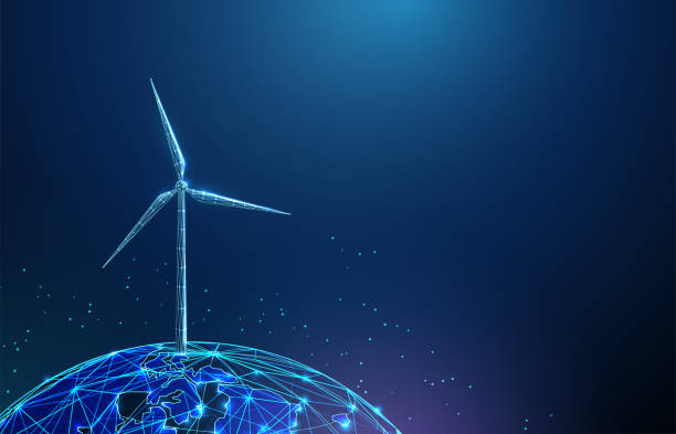 istock Blue wind turbine on planet earth. Renewable power generation. Green energy. Alternative source of energy Low poly style 1818645931