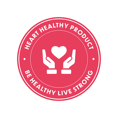 Information sign or sticker with heart health product concept. This vector label is suitable for use on package design, websites, web banners, stickers, posters and flyers.