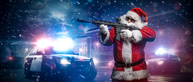 Action Santa: Armed Santa Points Amid Police Lights in Snowy Night