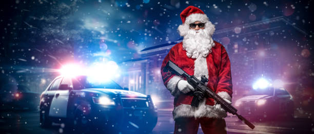 Action Santa: Armed Santa Points Amid Police Lights in Snowy Night