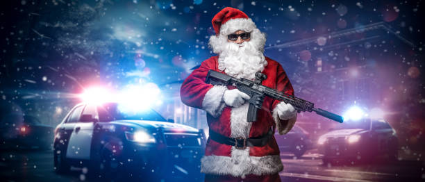 istock Action Santa: Armed Santa Points Amid Police Lights in Snowy Night 1818648094