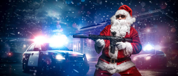 istock Action Santa: Armed Santa Points Amid Police Lights in Snowy Night 1818649184
