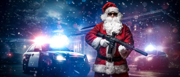 istock Action Santa: Armed Santa Points Amid Police Lights in Snowy Night 1818650228